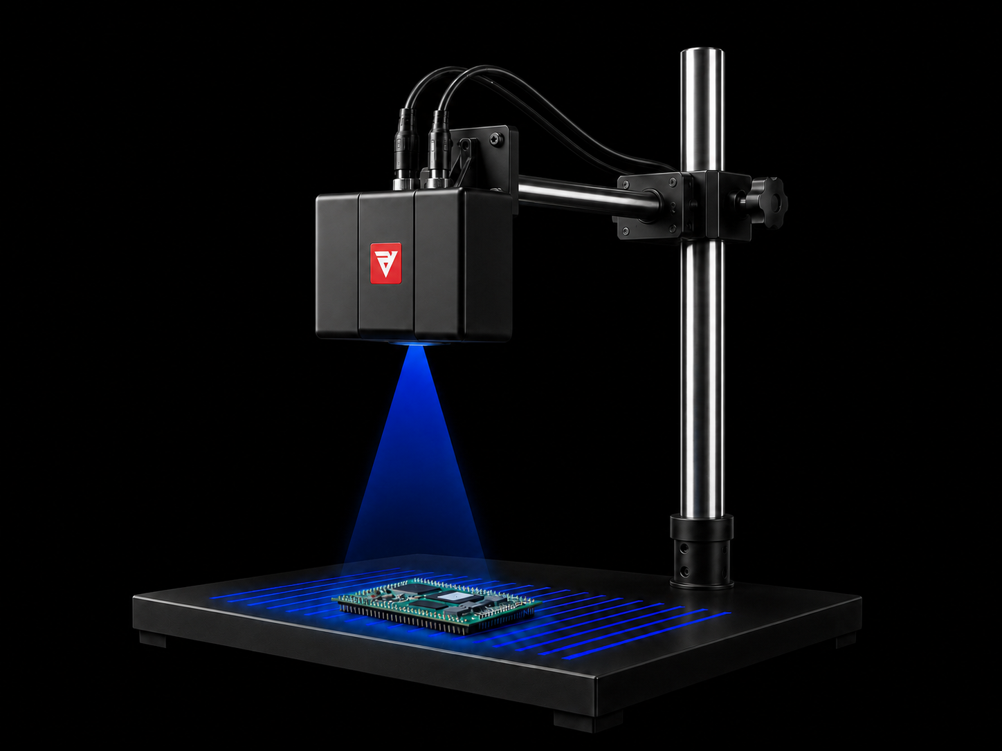 RVC-I2120 structured-light 3D camera scanning an electronic-component workstation