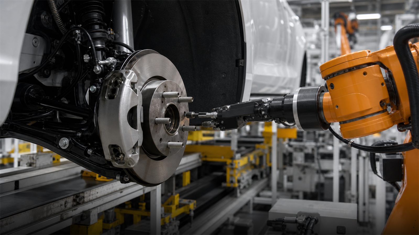Robotic assembly site for automotive wheel-hub bolt positioning