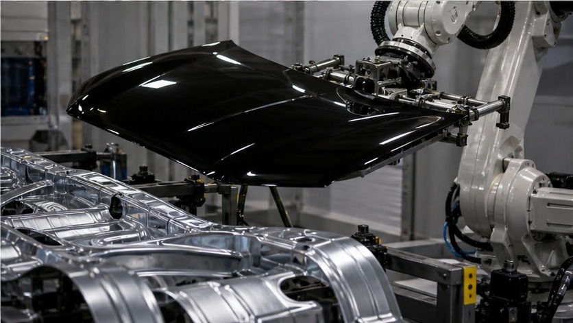 Robot handling a black glossy automotive panel