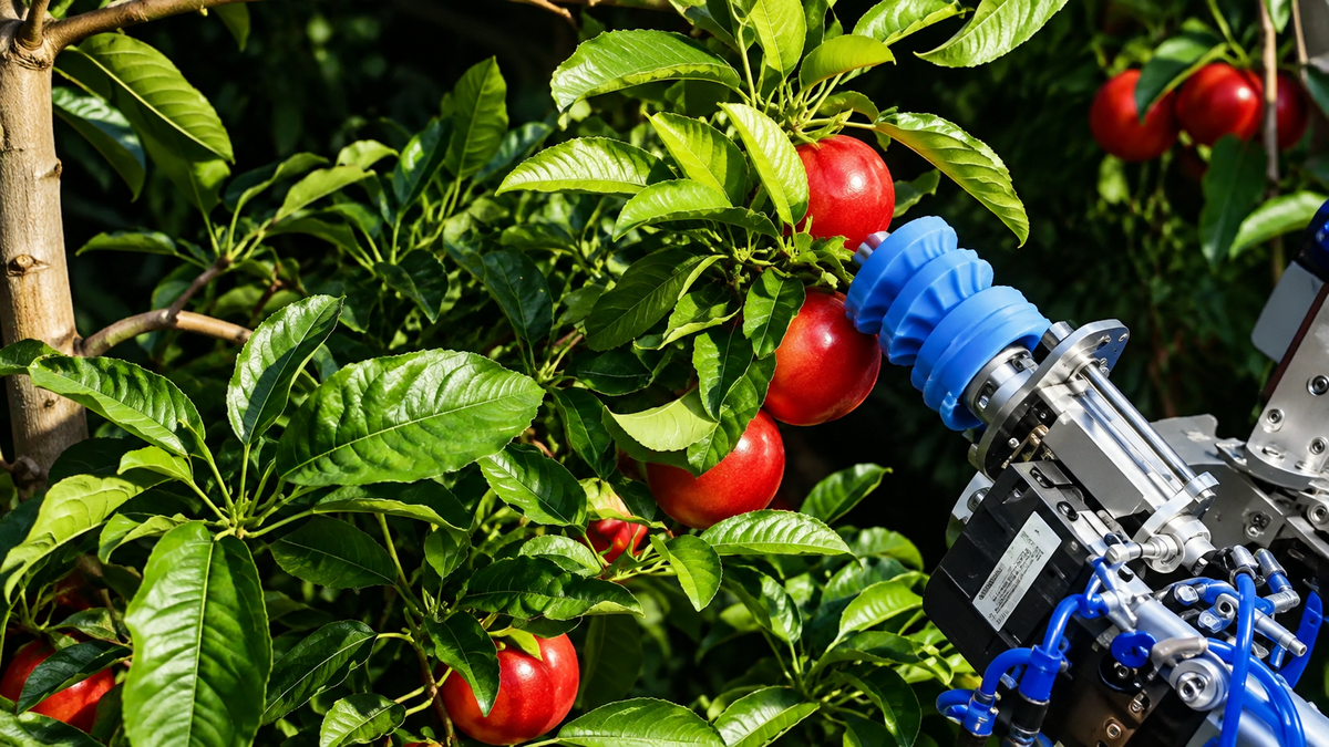 agricultural robot harvesting fruit among foliage