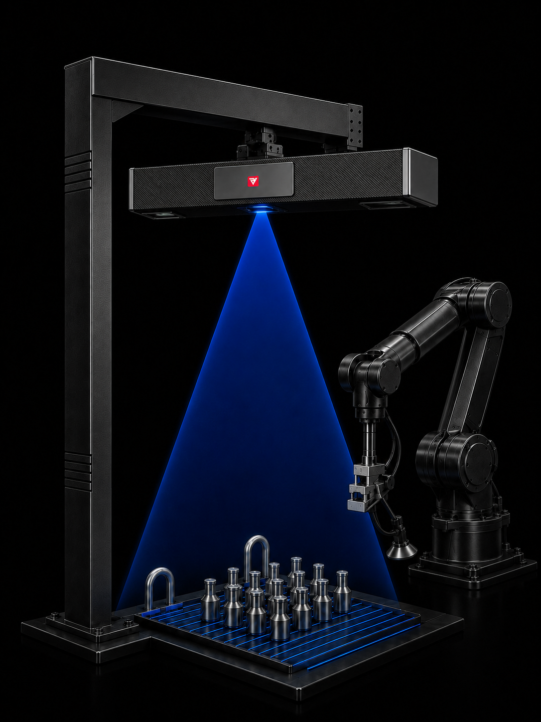 RVC M5 series camera performing blue-laser 3D scanning at a robotic automation station