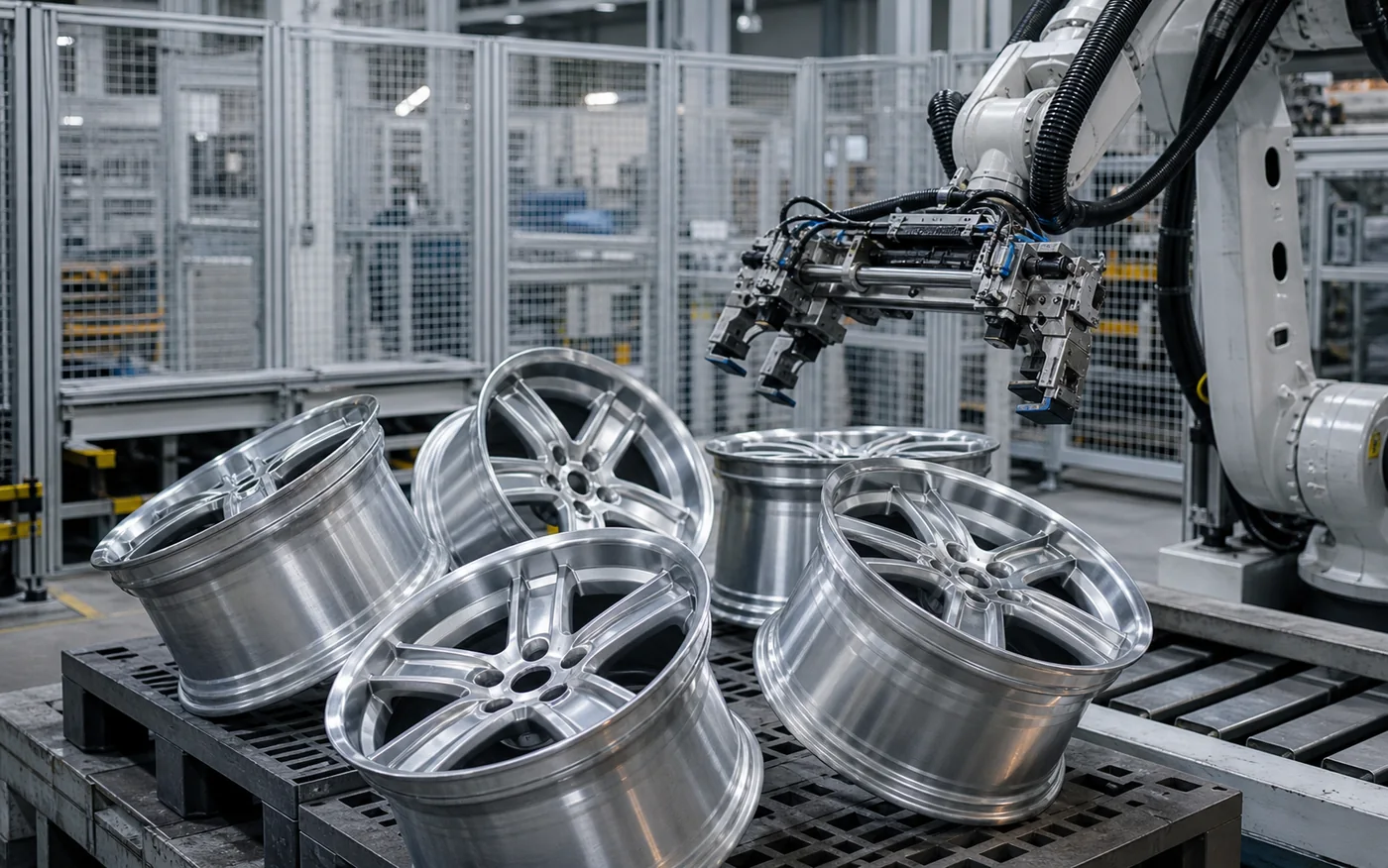 Robotic picking of highly reflective metal wheel hubs