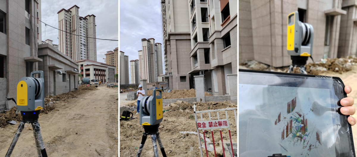 3D laser scanner measuring a building facade on a construction site