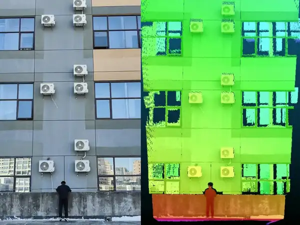 Color image and 3D point-cloud result for an industrial building facade